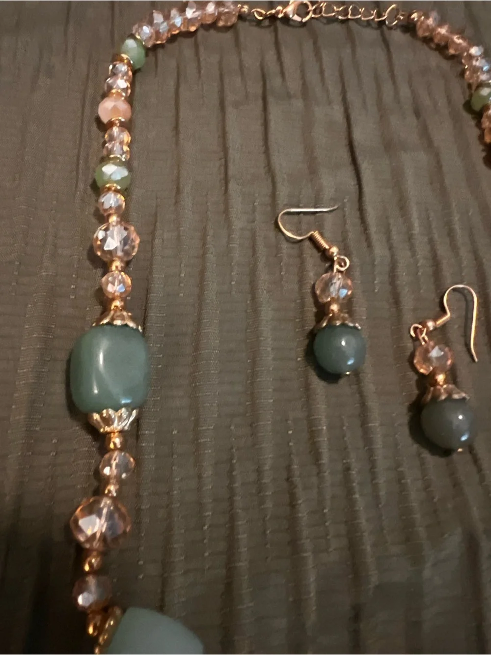 Gold-Tone Green Bead Necklace & Earrings Set